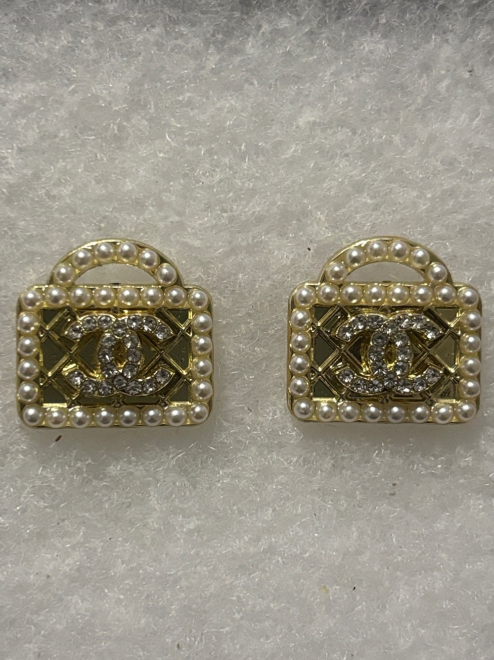 CC Gold Pearl Embellished Handbag Motif Earrings